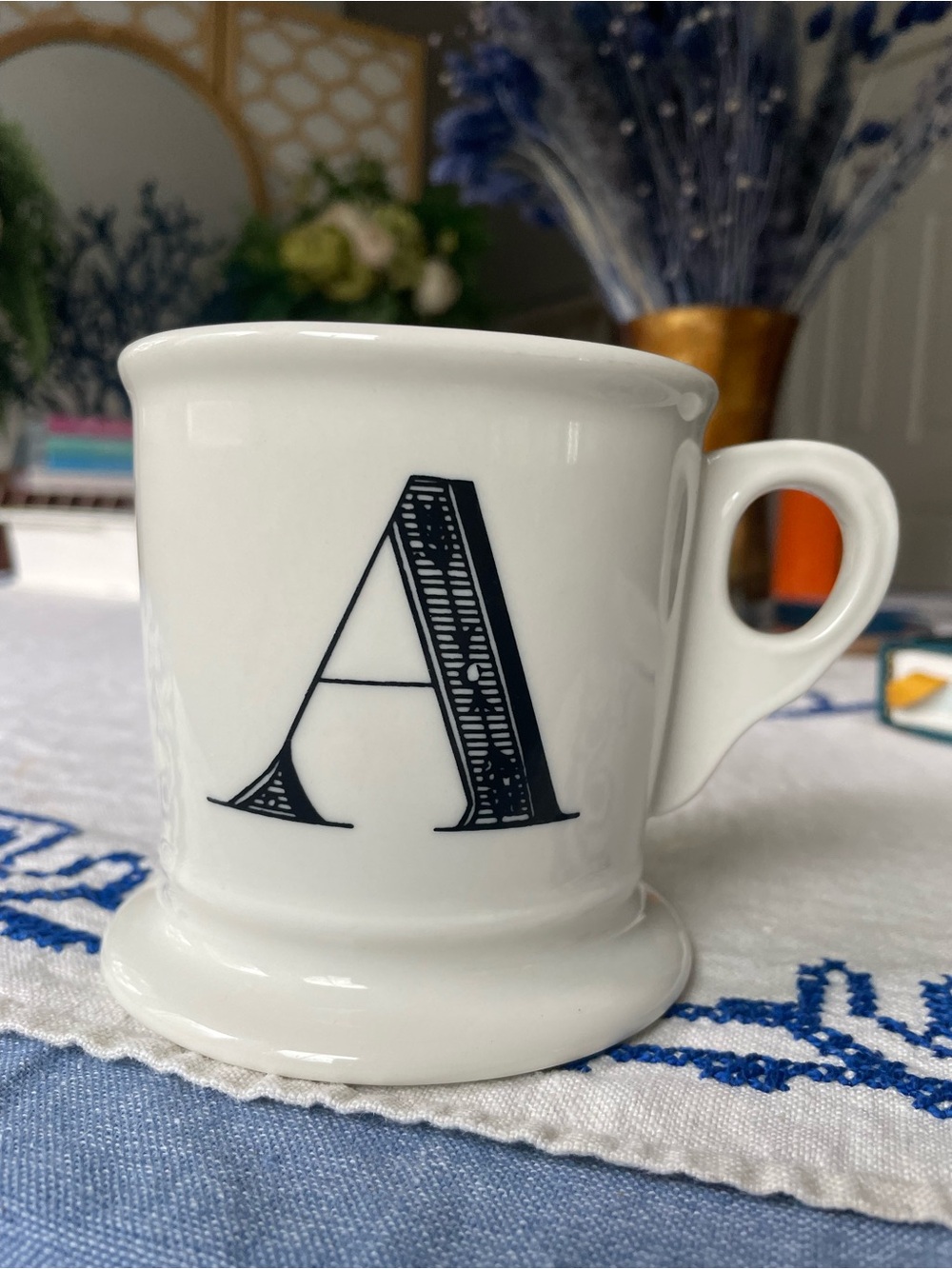Anthropologie White Ceramic Mug with Black Monogram A